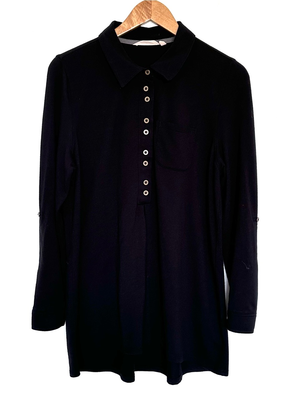 Soft Surroundings Petite Shirt Women’s Size PL Black Long Roll Tab Sleeve Top